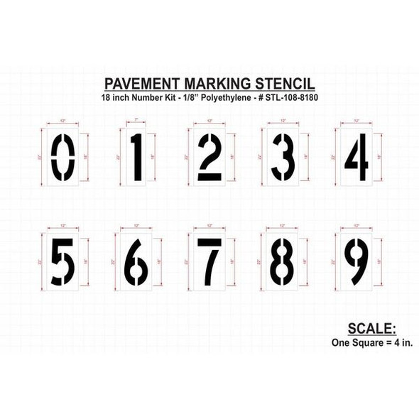 Pavement Stencil, Number Set, 0 Thru 9, Blanks, 18 in Character Height, Highway Gothic Font, Clear