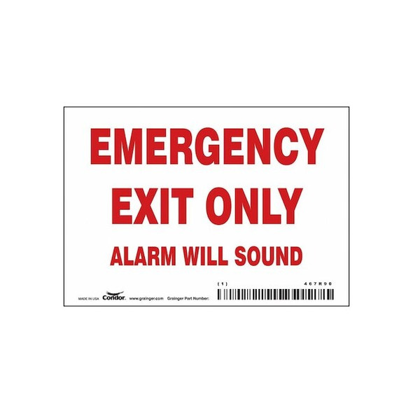 Exit Sign, Vinyl, 5" W, 3-1/2" H, Emergency Exit Only Alarm Will Sound, White