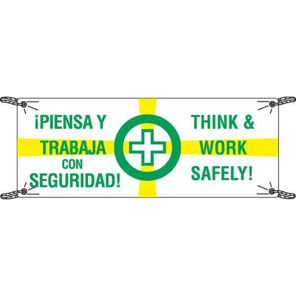 Safety Banner, Think And Work Safely, 48 in H x, 120 in W, Polyethylene