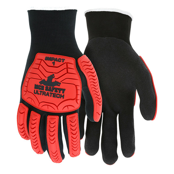 MCR Safety® UltraTech® Mechanics Gloves, Large, Hi-Vis Red/Black, 12/Pair