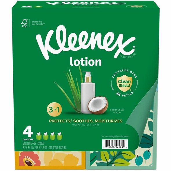 Kleenex Soothing Lotion Tissues - 3 Ply - WhiteBox - 60/Box - 4 / Pack