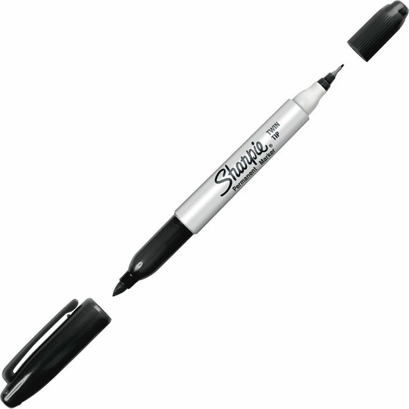 Sharpie Twin Tip Permanent Markers - Black Ink - 12 / Dozen
