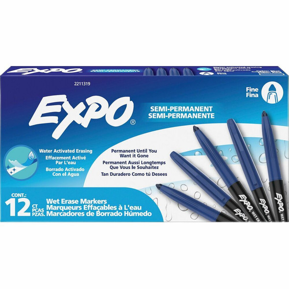 Expo Wet Erase Markers, Fine Tip - Erasable - Blue Ink - Glass - 12 / Dozen