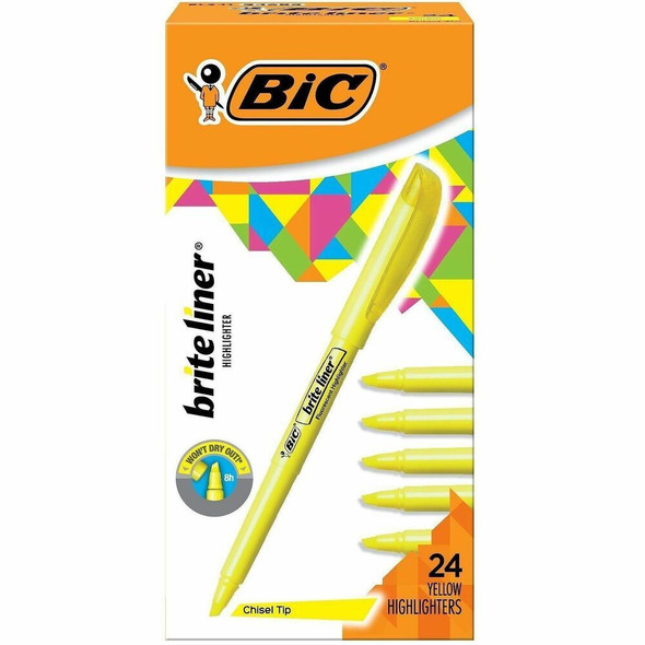 BIC Brite Liner Highlighters - Fluorescent Yellow Ink - Water Based - 24 / Box