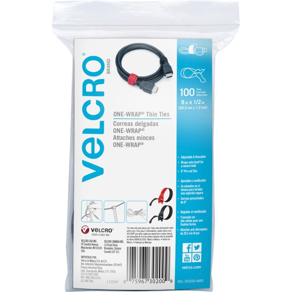 VELCRO&reg; Reusable Thin Straps - Black, Red - Fabric, Nylon - 100 / Pack