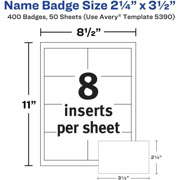 Avery&reg; Name Badge Inserts - Laser, Inkjet - White - 400 - Box 5390 SPR-AVE5390