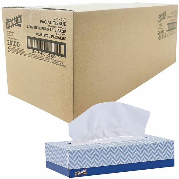 Genuine Joe Facial Tissue - 2 Ply - WhiteBox - 100/Box - 30 / Carton