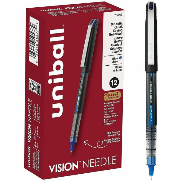 uniball™ Vision Needle Rollerball Pens - Blue Ink - Liquid - 12 / Dozen
