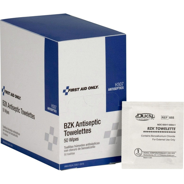 First Aid Only BZK Antiseptic Towelettes - - 4.75" Width x 7.75" Length - 1 Box