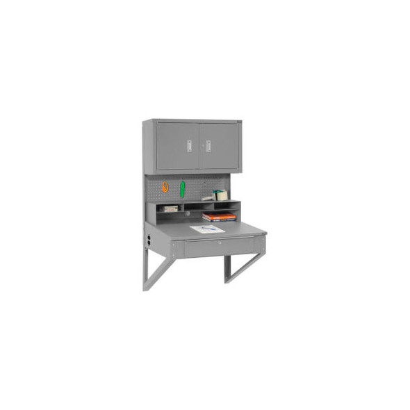 Global Industrial Wall Mount Shop Desk w/ Pegboard & Cabinet 34-1/2""W x 30""D G