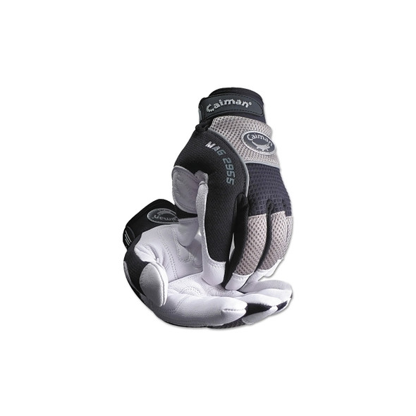 White Goat Grain Leather Palm Gloves, Medium, White/Black/Gray