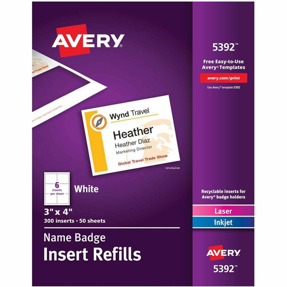 Avery&reg; Name Badge Inserts - Laser, Inkjet - White - 300 / Box