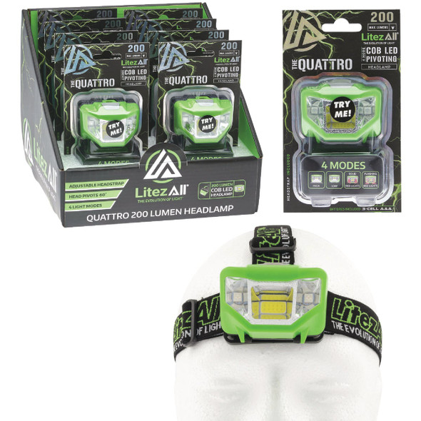 LitezAll Quattro 200 Lm. LED 3AAA 4-Mode Headlamp 21111 Pack of 8