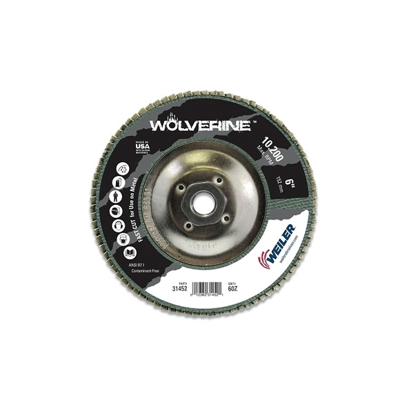 Wolverine™ Abrasive Flap Disc, 6 in dia, 60 grit, 5/8 in to 11 in arbor, 10200 RPM