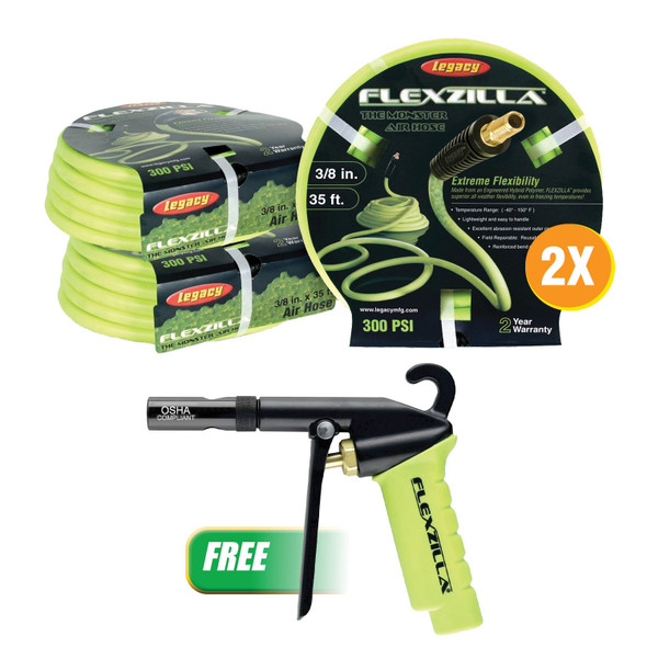 Buy (2) 3/8x35ft Flexzilla ZillaGreen Air Hose Get (1) Flexzilla Blow Gun w/Xtreme-Flo Safety Nozzle HFZ3835YW2-AG1502FZ