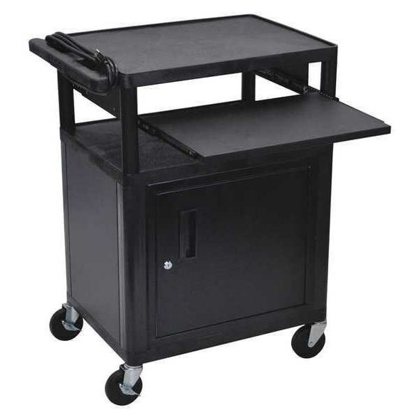 34"H AV Cart - 3 Shelves, Cabinet, Front Pullout Keyboard Shelf - Black