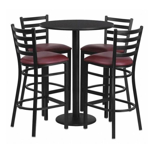 Round Blk Bar Table,Rnd Base w/Burg Seats,30", Laminate Top, Wood Grain