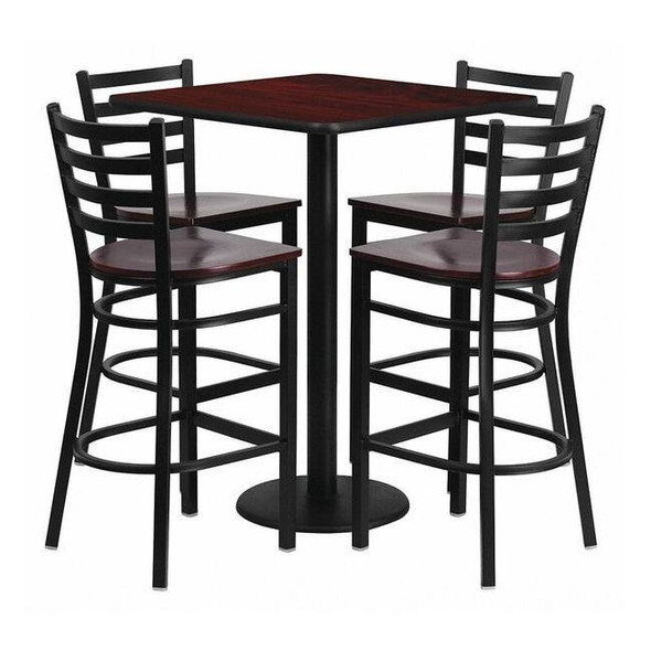 Square Mahogany Bar Table,Sqr w/Mah Seats,30", Laminate Top, Wood Grain