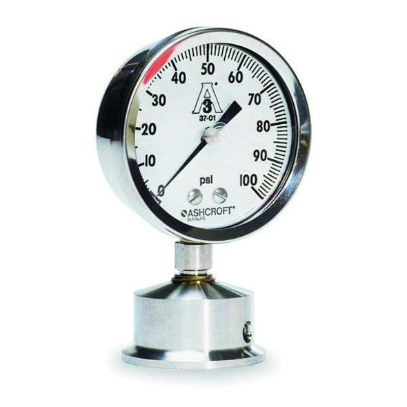 Pressure Gauge, 0 to 30 psi, 2 1/2 in Dial, 2 in Tri-Clamp, Bottom Location