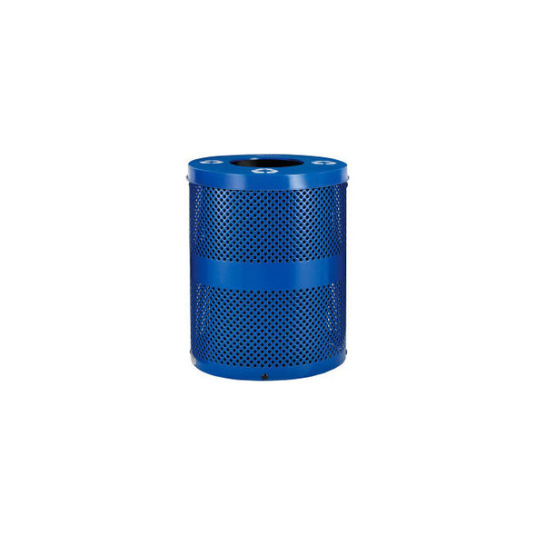 Global Industrial Outdoor Perforated Steel Recycling Can w/Flat Lid 36 Gallon Bl