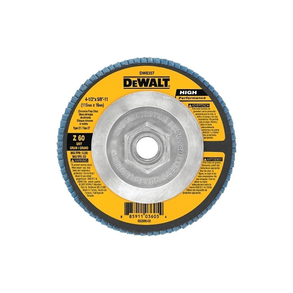 Type 27 Flap Disc, High Performance, 4-1/2 in dia, 60 Grit, 5/8 in-11 TPI, Zirconia Alumina, 13300 RPM