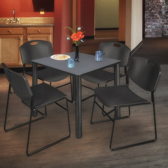 Square Gray Table/4 Black Chairs, Square,36", 36" W, 29" H, Gray