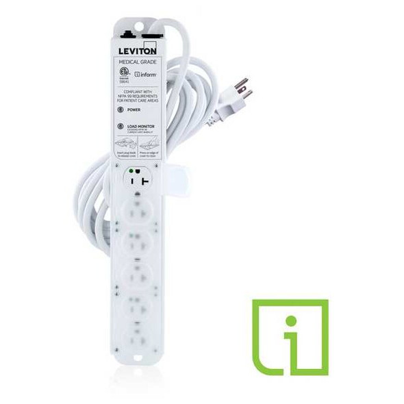 Leviton Outlet Strip, Medical Grade, 6 5-20R, 5-20P, 15 ft., White 53C6M-2N5