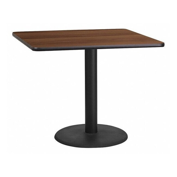 Square Walnut Table Top,Square w/Round Base,36", Laminate Top, Wood Grain