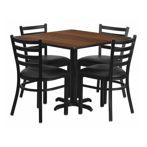 Square Walnut Table,Blk Seat,Square,X-Base,36", Laminate Top, Wood Grain