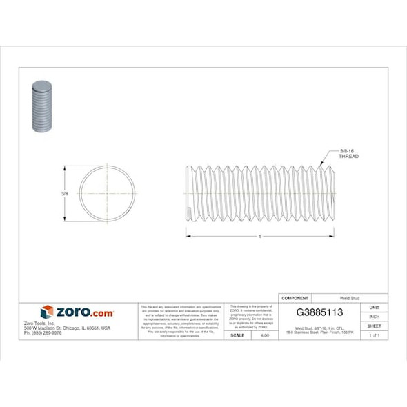 Weld Stud, 3/8"-16, 1 in, CFL, 18-8 Stainless Steel, Plain Finish, 100 PK
