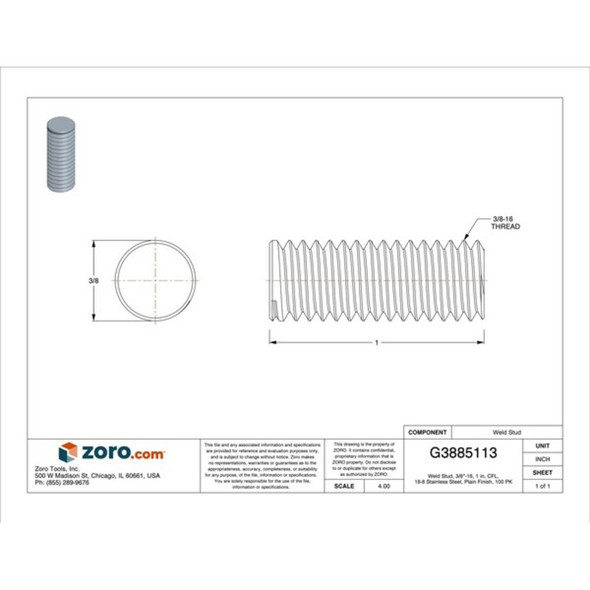 Weld Stud, 3-8"-16, 1 in, CFL, 18-8 Stainless Steel, Plain Finish, 100 PK  101-010-342-G100