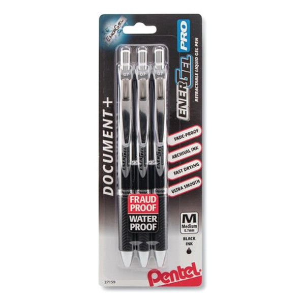 EnerGel PRO Retractable Gel Pen, Medium 0.7mm, Black Ink/Barrel, PK3
