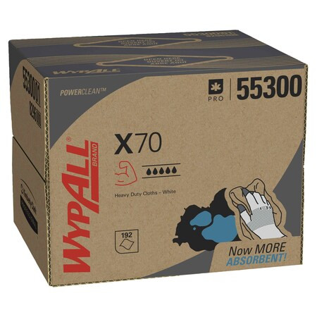 WypAll X70 Dry Wipe, 11 in x 16 3/4 in, White, Dispenser Box, 200 Sheets
