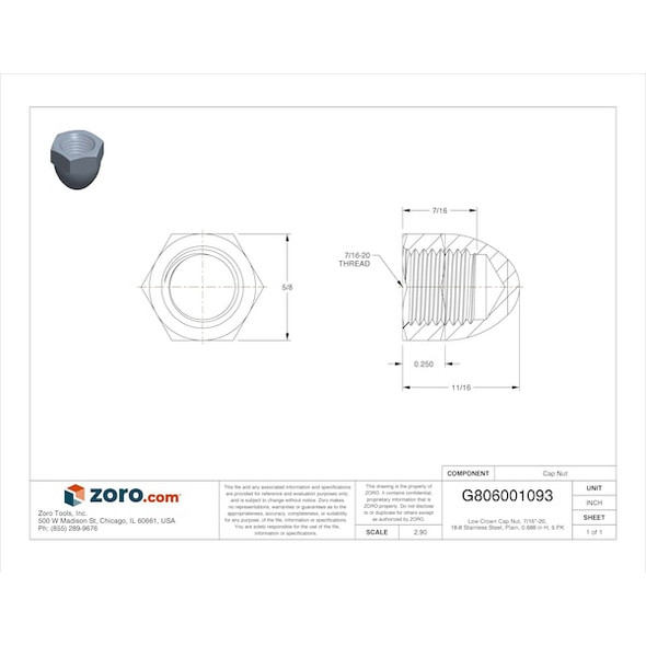 Manufacturer Varies Low Crown Cap Nut, 7/16"-20, Stainless Steel, Plain, 0.688 in H, 5 PK CPB247