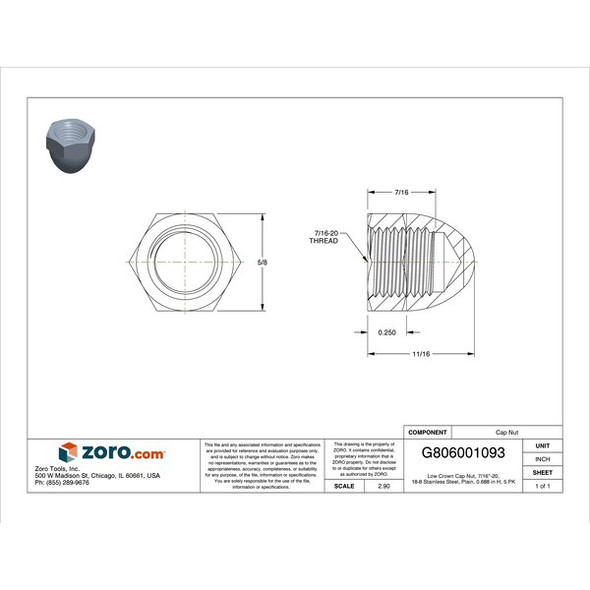 Low Crown Cap Nut, 7/16"-20, 18-8 Stainless Steel, Plain, 0.688 in H, 5 PK
