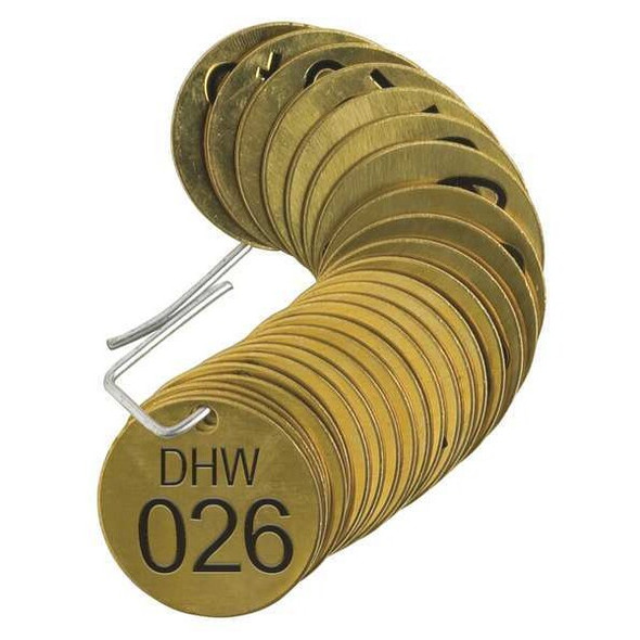 Numbered Tag, Brass, 1 1/2 in H x 1 1/2 in W, 1 1/2 in Dia., Brass, Round, 25 PK