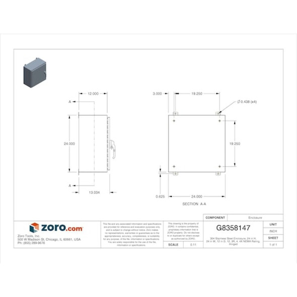3 Point Latch with Padlock Handle Electrical Enclosures, 24 in H, 12 in D, 24 in W, 12, 3R, 4, 4X