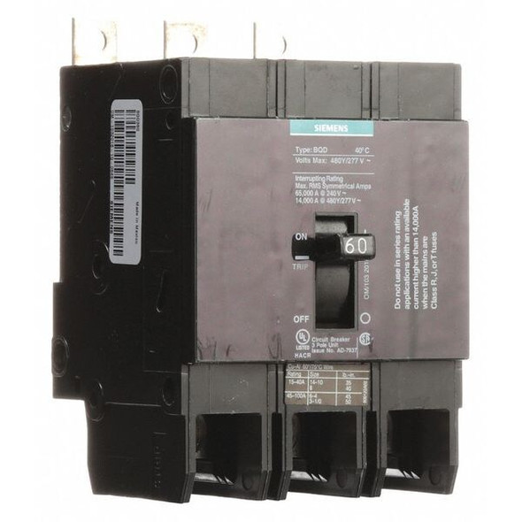 Miniature Circuit Breaker, BQD Series, 60A, 3 Pole, 480V AC, 14kA at 480V AC