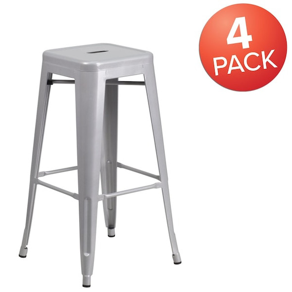 Flash Furniture 4PK 30"H No Back Silver Metal Barstool Square Seat 4-CH-31320-30-SIL-GG