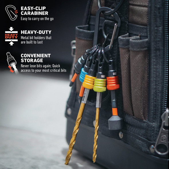 Railer Bit Holder Keychain with (5) Multi-Color Hex Shank Bit Holders