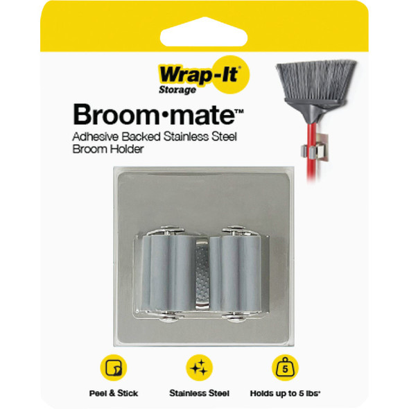 Wrap-It Storage Broom-Mate Stainless Steel Adhesive Broom Holder Hook 500-BM-SS