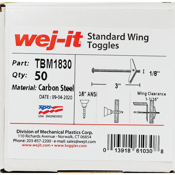 Wej-it 1-8 In. x 3 In. Mushroom-Head Wing Toggle Bolt Anchor (50-Count) TBM1830 214451