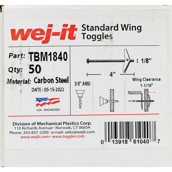Wej-it 1-8 In. x 4 In. Mushroom-Head Wing Toggle Bolt Anchor (50-Count) TBM1840 215234