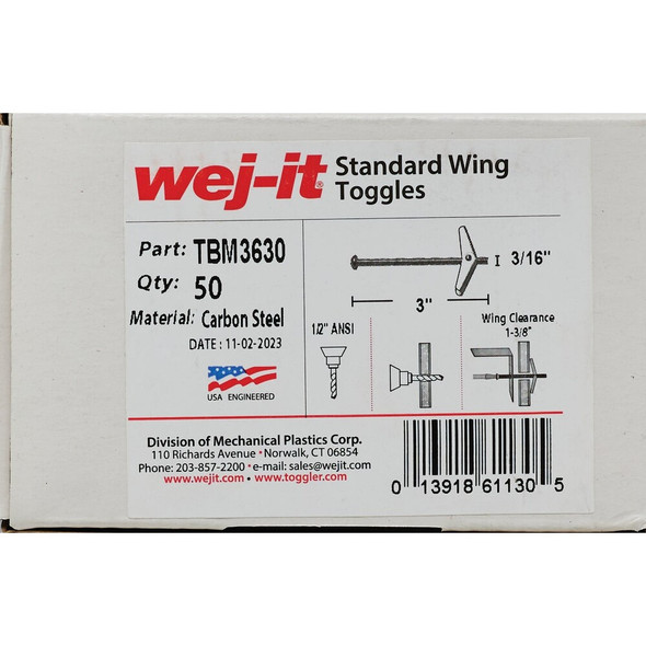 Wej-it 3-16 In. x 3 In. Mushroom-Head Wing Toggle Bolt Anchor (50-Count) TBM3630 216201
