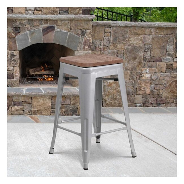 Flash Furniture Silver Metal Counter Stool,24", PK4 4-CH-31320-24-SIL-WD-GG