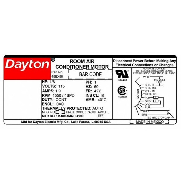 Dayton Room Air Conditioner Motor,1/8 HP,60Hz 45EX58