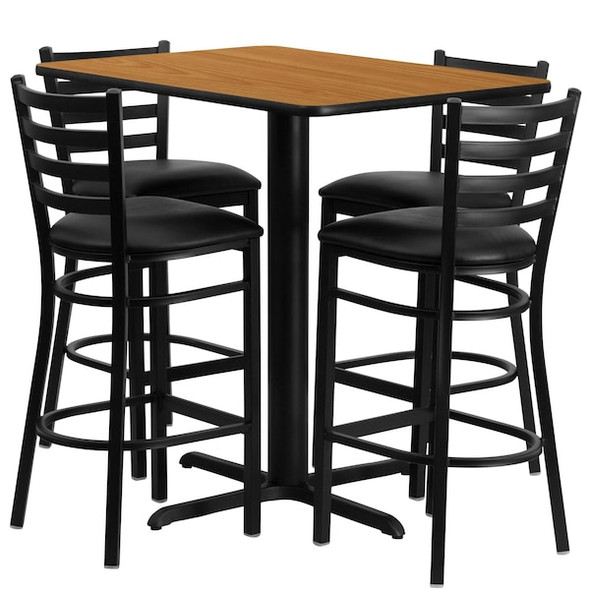 Rectangle Nat Bar Table,Rectngl w/X-Base,Blk Seats, 42" L, 24" W, 42" H, Laminate Top, Wood Grain