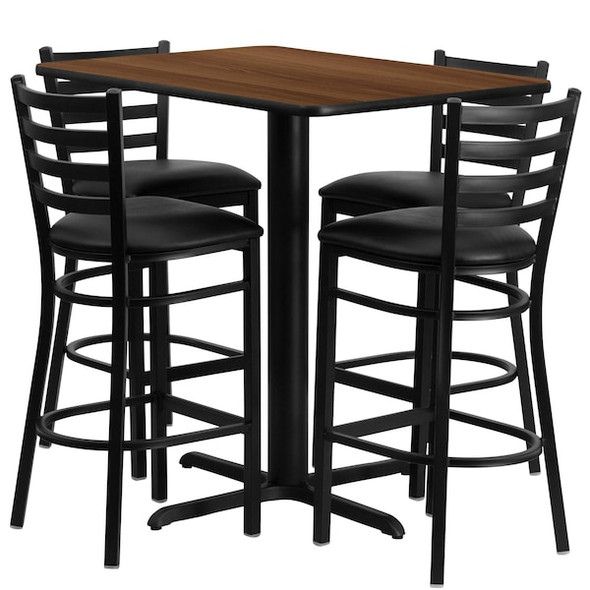 Rectangle Wal Bar Table,Rectngl w/X-Base,Blk Seats, 42" L, 24" W, 42" H, Laminate Top, Wood Grain
