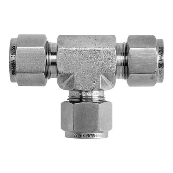 Brennan Industries Tee, SS, Comp 3/8", MNPT 1/4", Comp 3/8" NS2605-06-04-06-SS