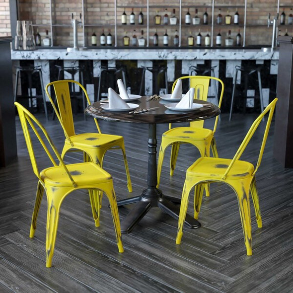 Distressed Yellow Metal Indoor-Outdoor Stackable Chair,PK4